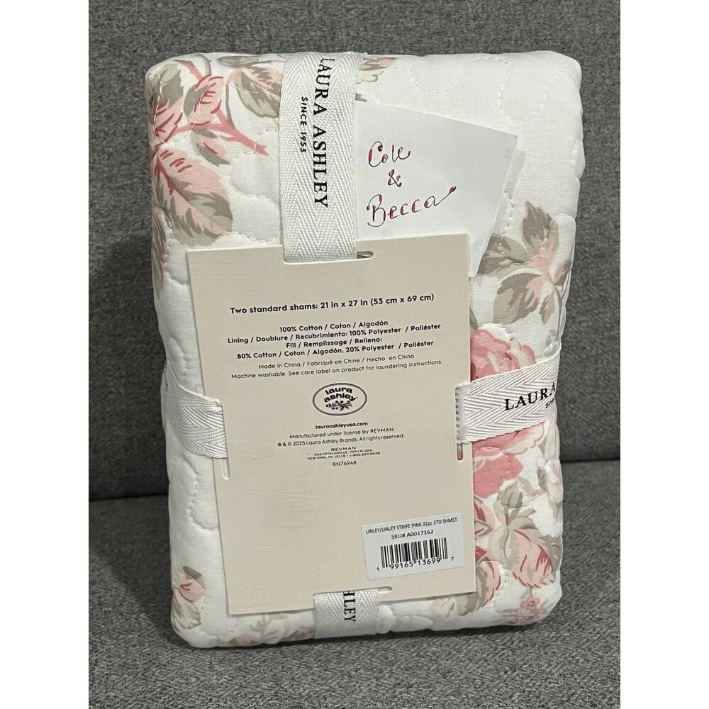 Laura Ashley Linley Stripe Pink Cotton Sham Pair Standard Floral Pillow Shams